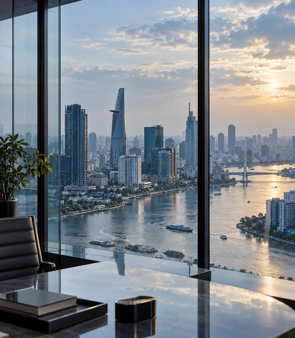 Ho Chi Minh City skyline and the Saigon River seen from an office window